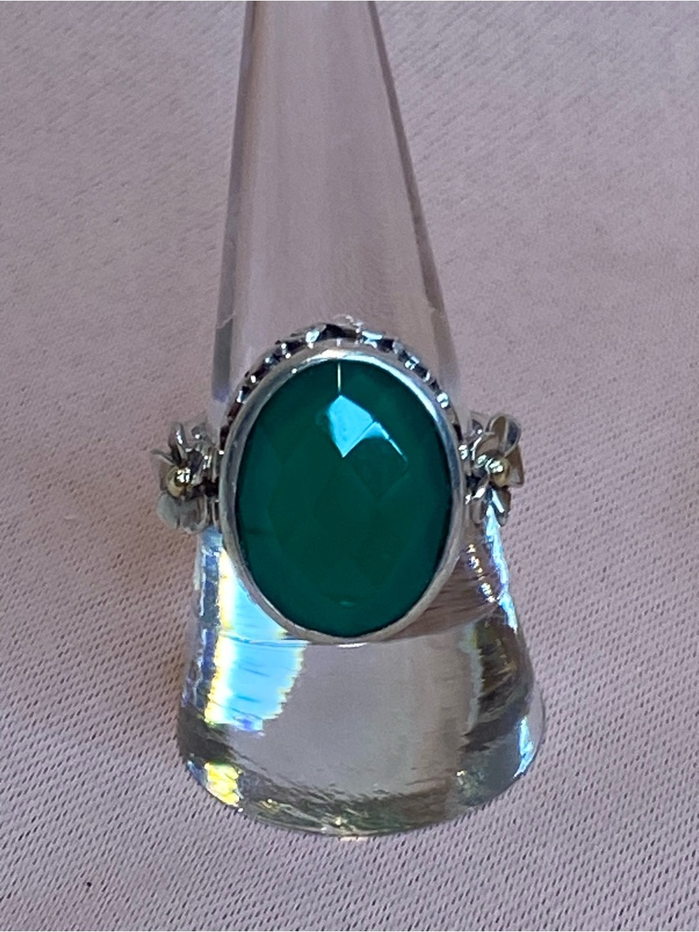 Artisan Silver Ring with Teal-Green Oval Gem and Floral Accents